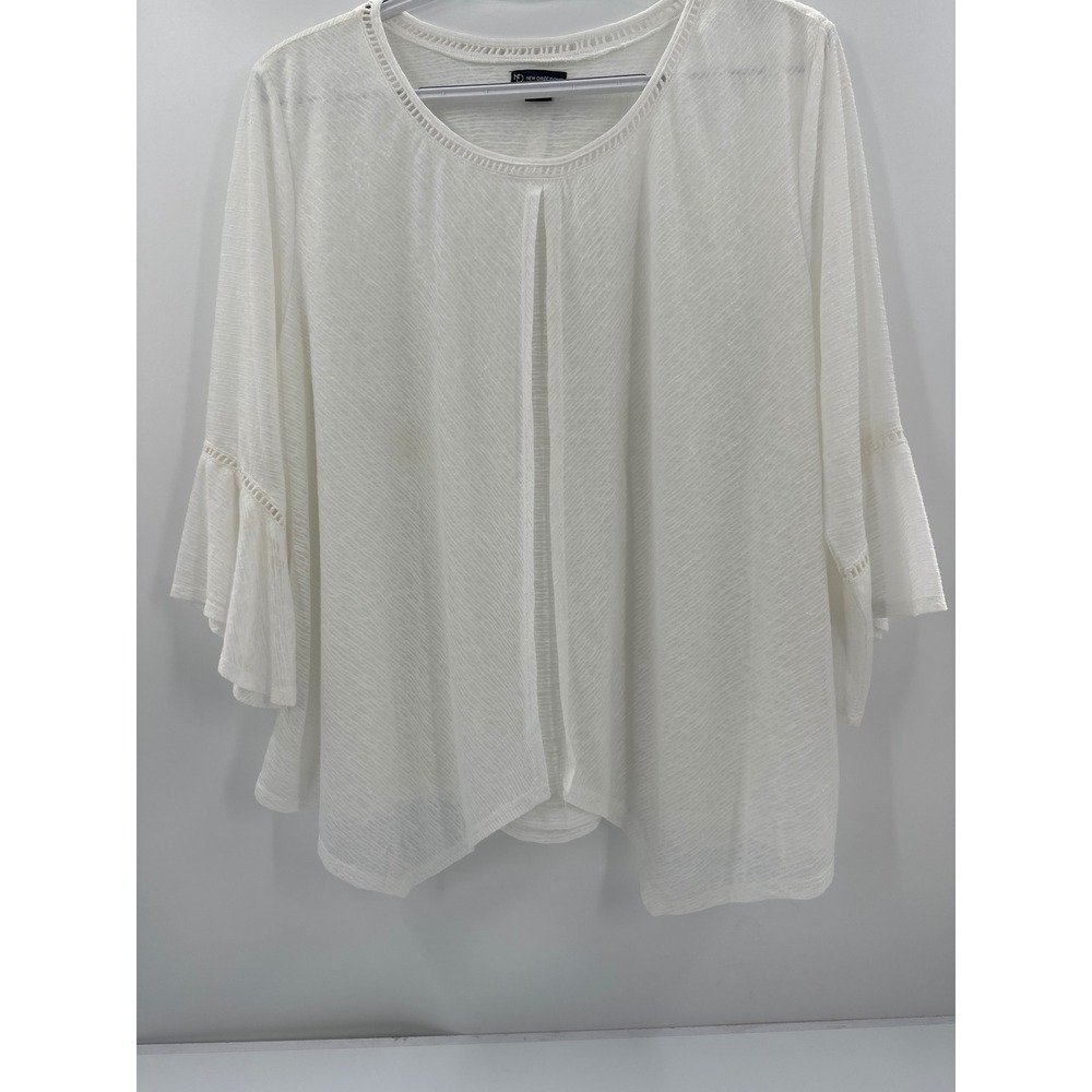 New Directions White Textured Knit Bell Sleeve Split Back Blouse Womens Large